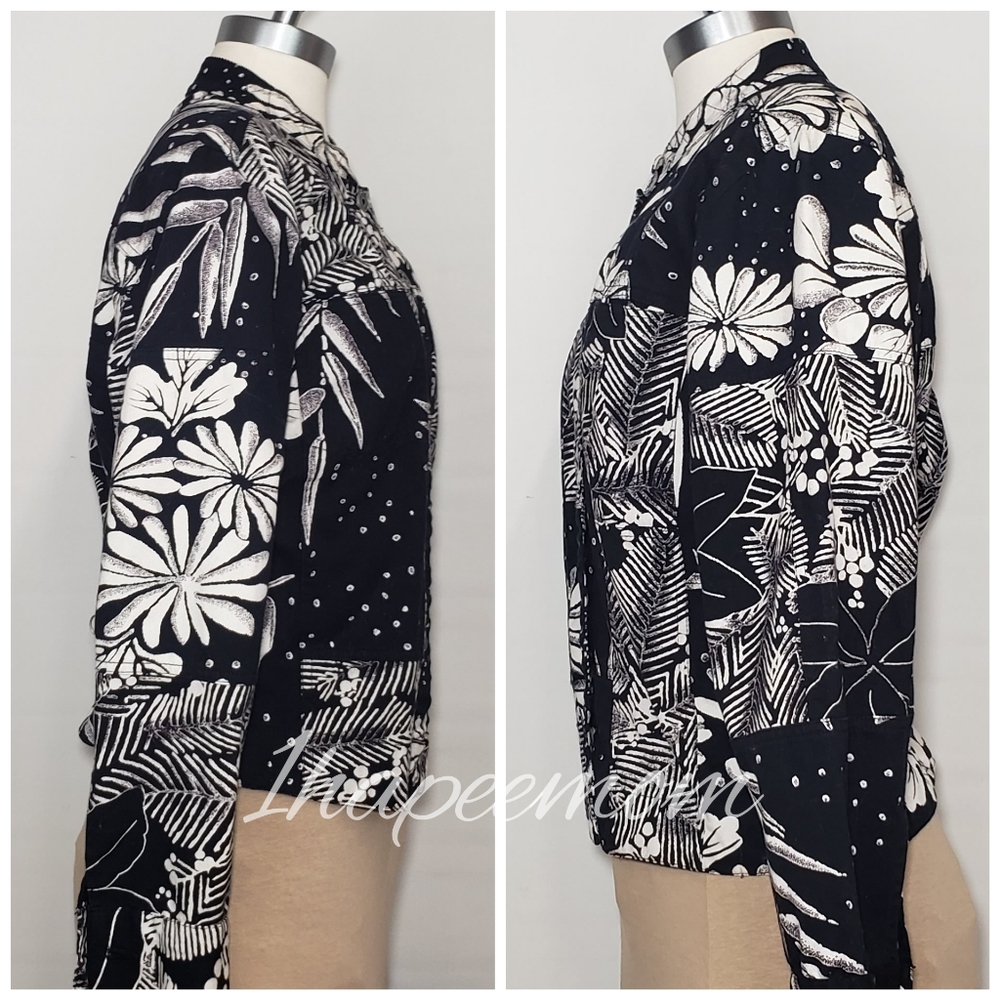 Chico's Jacket Stretch Denim Floral Black White - Picture 3 of 8